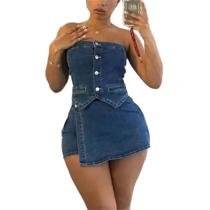 TAMBREET Women Apron Decoration Shorts Two Piece Sets Single-breasted Cardigan Backless T-Shirt Denim Female Suits Casual Streetwear 2024