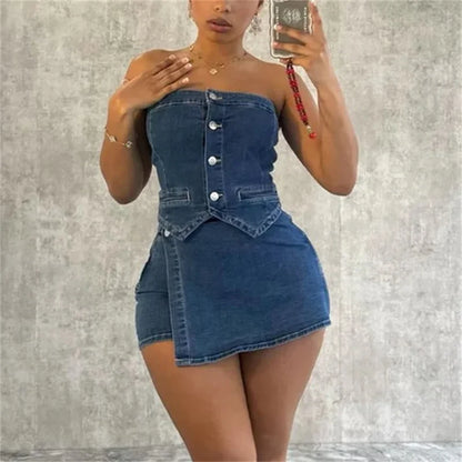 TAMBREET Women Apron Decoration Shorts Two Piece Sets Single-breasted Cardigan Backless T-Shirt Denim Female Suits Casual Streetwear 2024