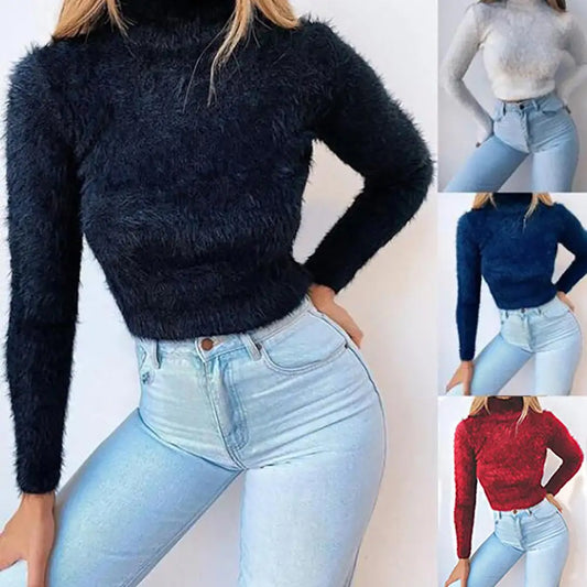 TAMBREET Women Autumn Winter Solid Color Long Sleeve Turtleneck Plush Crop Sweater Top Autumn Winter New Ladies Skinny Slim