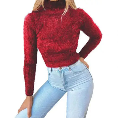 TAMBREET Women Autumn Winter Solid Color Long Sleeve Turtleneck Plush Crop Sweater Top Autumn Winter New Ladies Skinny Slim