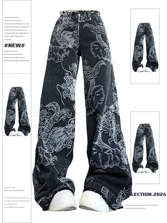 TAMBREET Women Black Gothic Dragon Print Jeans Baggy Vintage Aesthetic Cowboy Pants Harajuku Denim Trousers Y2k Trashy 2000s Clothes 2024