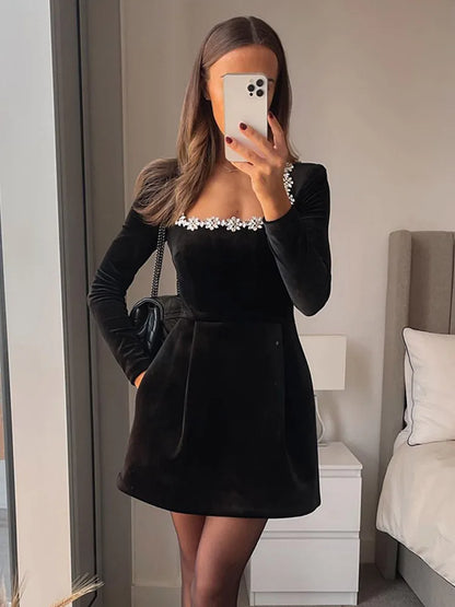 TAMBREET Women Black Rhinestone Decor Velvet Mini Dress Elegant Square Neck Long Sleeve High Waist A-line Dresses Lady Evening Party Gown