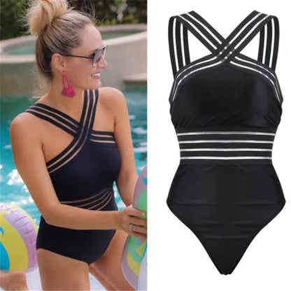 TAMBREET Women Bodysuit Swimsuits 2024 Summer One_piece Swimwear For Lady High Neck Bandage Cross Back Padded Up Swimming Suit For Women