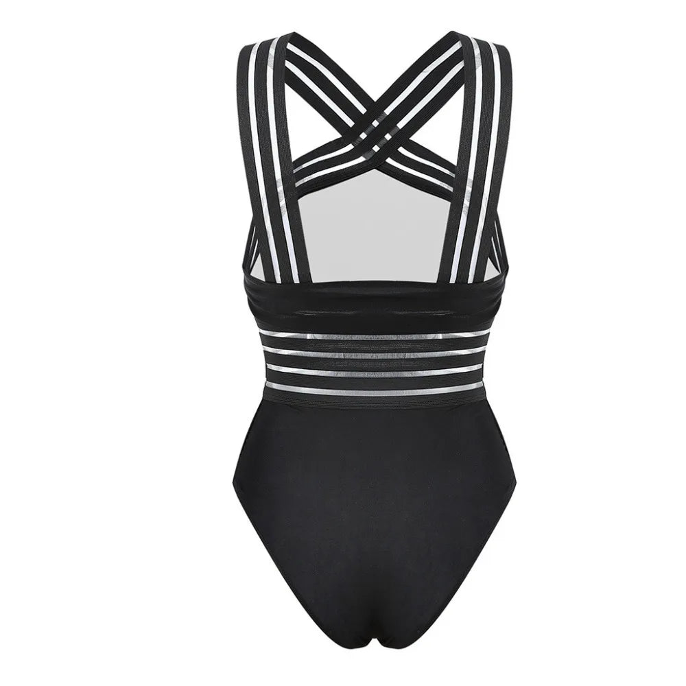 TAMBREET Women Bodysuit Swimsuits 2024 Summer One_piece Swimwear For Lady High Neck Bandage Cross Back Padded Up Swimming Suit For Women