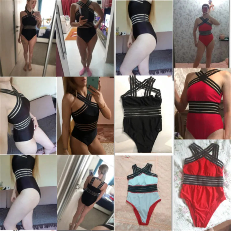 TAMBREET Women Bodysuit Swimsuits 2024 Summer One_piece Swimwear For Lady High Neck Bandage Cross Back Padded Up Swimming Suit For Women