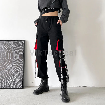 TAMBREET Women Cargo Pants 2024 Harem Pants Fashion Punk Pockets Jogger Trousers With Chain Harajuku Elastics High Waist Streetwear