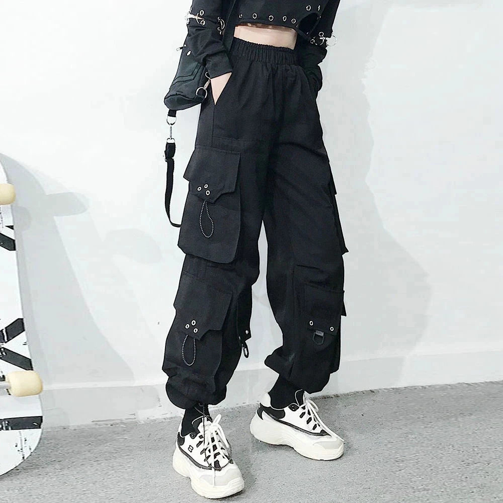 TAMBREET Women Cargo Pants 2024 Harem Pants Fashion Punk Pockets Jogger Trousers With Chain Harajuku Elastics High Waist Streetwear