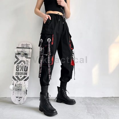 TAMBREET Women Cargo Pants 2024 Harem Pants Fashion Punk Pockets Jogger Trousers With Chain Harajuku Elastics High Waist Streetwear