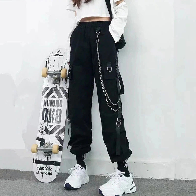 TAMBREET Women Cargo Pants 2024 Harem Pants Fashion Punk Pockets Jogger Trousers With Chain Harajuku Elastics High Waist Streetwear