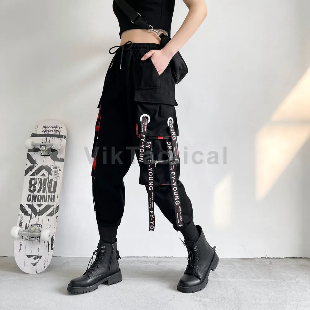 TAMBREET Women Cargo Pants 2024 Harem Pants Fashion Punk Pockets Jogger Trousers With Chain Harajuku Elastics High Waist Streetwear