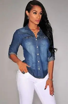 TAMBREET Women Casual Blue Jean Soft Denim Long Sleeve Shirt Tops Blouse Hot Lady Button Pocket Slim Top Sexy Blouse