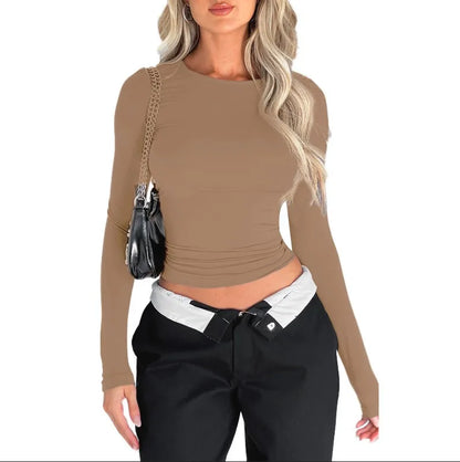 TAMBREET Women Casual Long Sleeve T-Shirts Basic Solid Skinny Long Sleeve Crop Tops Streetwear Slim Fit Base Tees Pullovers Y2K Tops