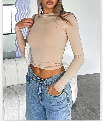 TAMBREET Women Casual Long Sleeve T-Shirts Basic Solid Skinny Long Sleeve Crop Tops Streetwear Slim Fit Base Tees Pullovers Y2K Tops