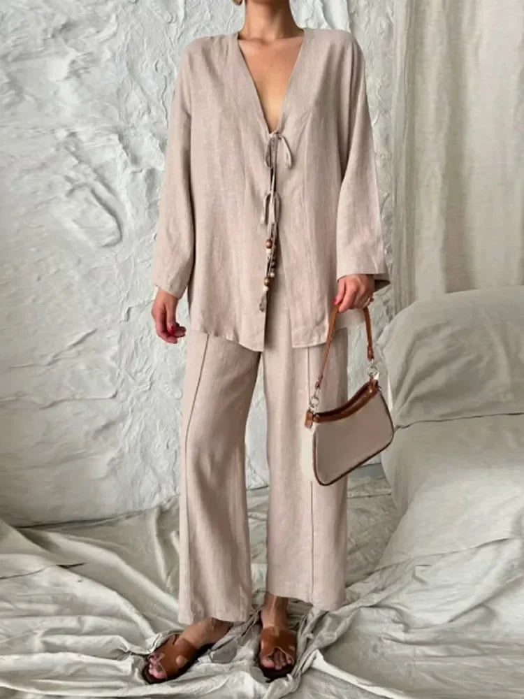 TAMBREET Women Casual Solid Lace Up Linen Loose Pants Suits Elegant V Neck Long Sleeves Shirt Wide Leg Pants Set Chic Lady Holiday Outfit