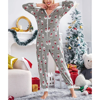 TAMBREET Women Christmas Hooded Jumpsuit Sleepwear Homewear Plush Winter Warm Long Sleeve Zip Up V Neck Cartoon Print Pajamas Romper Ones