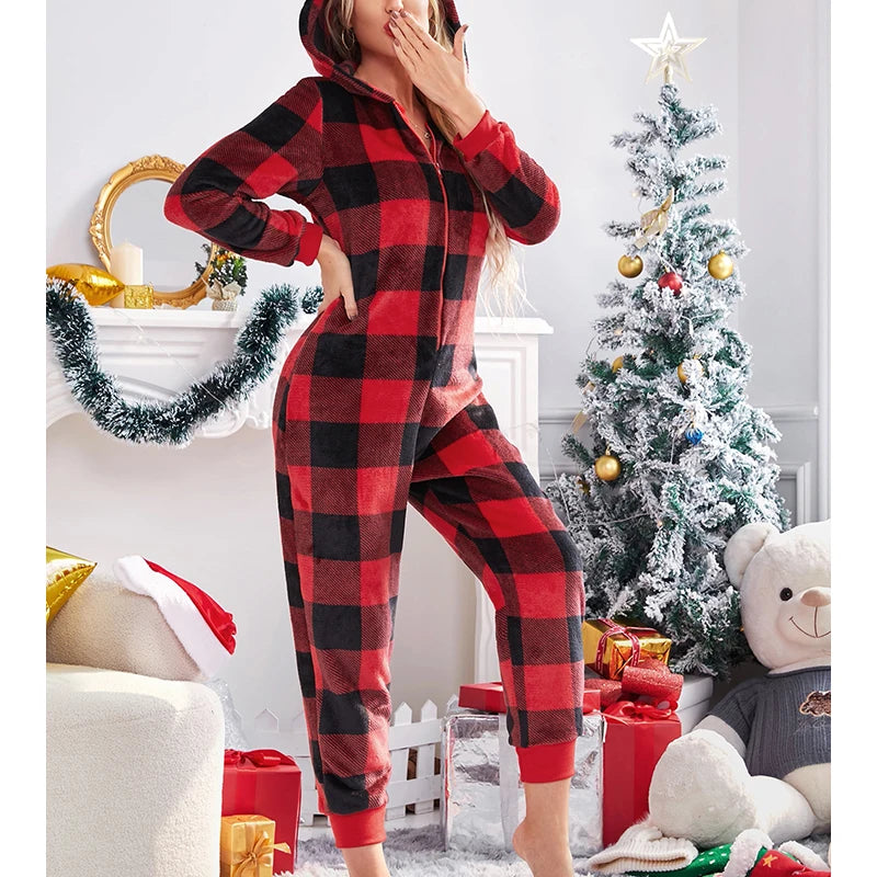 TAMBREET Women Christmas Hooded Jumpsuit Sleepwear Homewear Plush Winter Warm Long Sleeve Zip Up V Neck Cartoon Print Pajamas Romper Ones