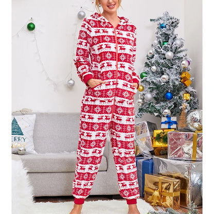 TAMBREET Women Christmas Hooded Jumpsuit Sleepwear Homewear Plush Winter Warm Long Sleeve Zip Up V Neck Cartoon Print Pajamas Romper Ones