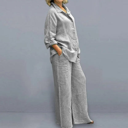 TAMBREET Women Cotton Linen Suits 2024 Elegant Solid Long Sleeve Shirt Wide Leg Trousers Two Piece Set Female Casual Straight Pants Suits