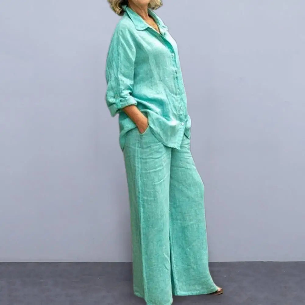 TAMBREET Women Cotton Linen Suits 2024 Elegant Solid Long Sleeve Shirt Wide Leg Trousers Two Piece Set Female Casual Straight Pants Suits