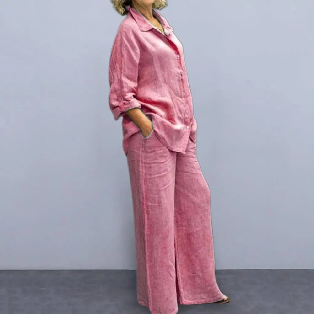 TAMBREET Women Cotton Linen Suits 2024 Elegant Solid Long Sleeve Shirt Wide Leg Trousers Two Piece Set Female Casual Straight Pants Suits