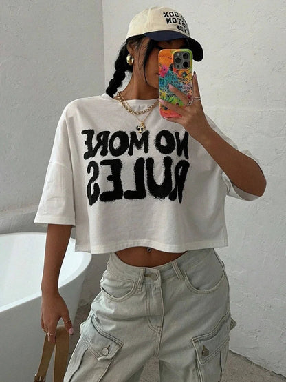 TAMBREET Women Crop T-shirts No More Rules Letter Prints Tops O-Neck Short Sleeves Tees Summer Fashion Street Female Clothing