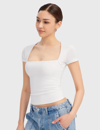 TAMBREET Women Crop Top Square Neck Solid Slim Fit Tops Short Sleeve 2024 New Basic Tee Female Chic Top