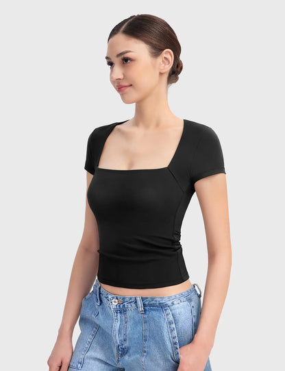 TAMBREET Women Crop Top Square Neck Solid Slim Fit Tops Short Sleeve 2024 New Basic Tee Female Chic Top