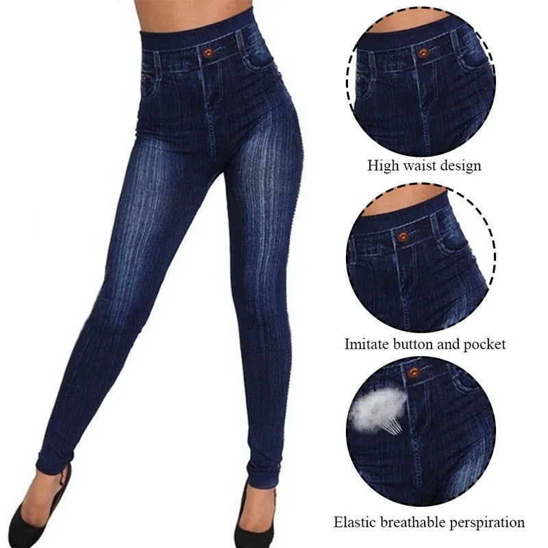 TAMBREET Women Denim Leggings Fashion Slim Leggings Faux Jeans Leggings Stretch Leggins Pants Summer Breeches Multiple Sizes