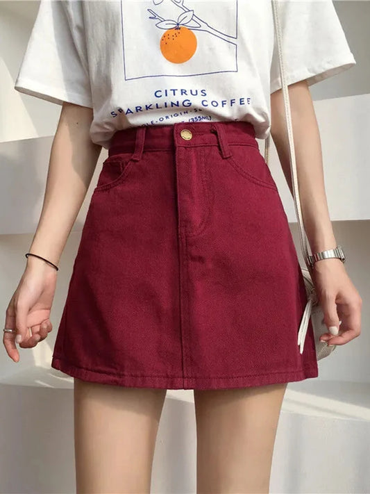 TAMBREET  Women Denim Skirts New Spring Summer Mini Skirts Fashion High Waist Casual A-line Skirts Mini Skirts for Lady Girls