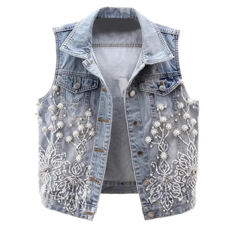 TAMBREET Women Denim Vest 2024 Pearls Fashion Ripped Autumn Jeans Jacket Sleeveless Loose Short Coat Causal Waistcoats Outwear Tops