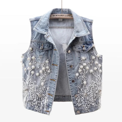 TAMBREET Women Denim Vest 2024 Pearls Fashion Ripped Autumn Jeans Jacket Sleeveless Loose Short Coat Causal Waistcoats Outwear Tops