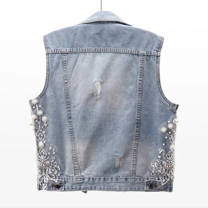 TAMBREET Women Denim Vest 2024 Pearls Fashion Ripped Autumn Jeans Jacket Sleeveless Loose Short Coat Causal Waistcoats Outwear Tops