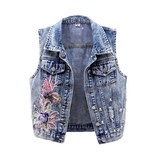 TAMBREET Women Denim Vest Jacket New Autumn Embroidery Beads Sleeveless Vintage Hole Jeans Vest Jacket Overcoat Female Tops Waistcoat