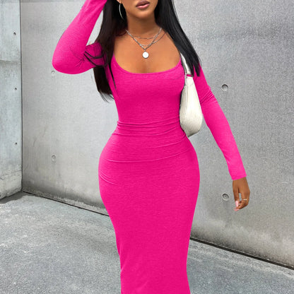 TAMBREET Women Dresses Long Sleeve Sheath Square Collar Slim Fit Dress Vestidos Slight Strech Streetwear Solid Sexy Wrap Buttocks