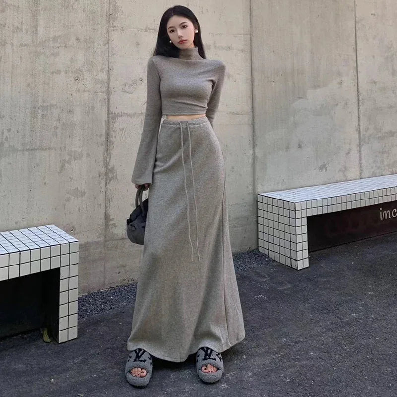 TAMBREET Women Elegant Half Turtle Neck 2 Piece Skirts Y2K Autumn Korean Streetwear Crop Tops Female Loose Long Sleeve Party Skirts Sets