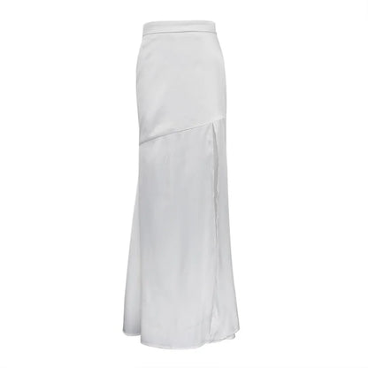 TAMBREET Women Elegant White Satin Trumpet Long Skirts Fashion Summer High Waist Solid High Slit Sexy Slim Skirt Casual Streetwear Outfit