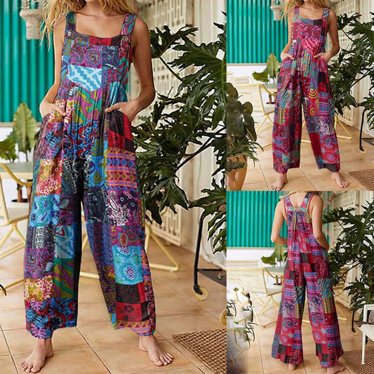 TAMBREET Women Ethnic Style  Jumpsuits Summer Overalls Multicolor  Square Neck Sleeveless Casual Rompers with Pockets for Girls Playsuit