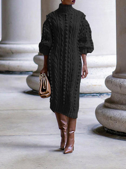 TAMBREET Women Fashion Turtleneck Lantern Long Sleeve Side Split Slim Maxi Sweaters Pullovers Dress 2024 Winter Street Jumpers