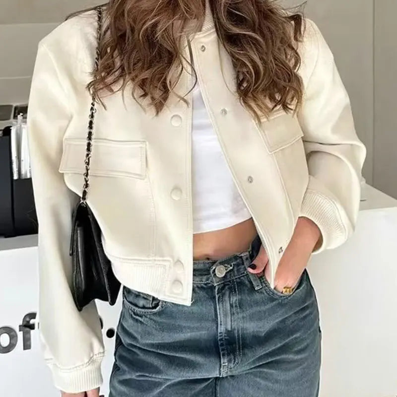 TAMBREET Women Fashion With Pockets Bomber Jacket Coats Vintage Long Sleeve Front Button Casual Female Outerwear Chic Tops