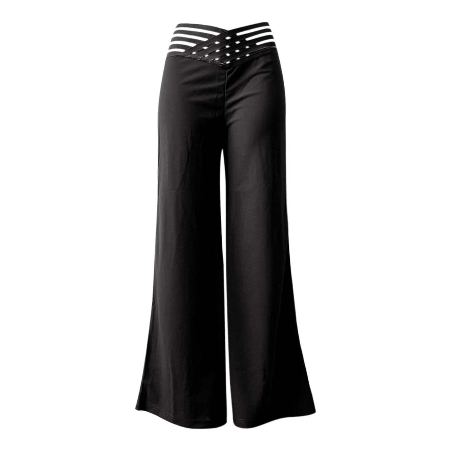 TAMBREET Women Flared Pants Elegant Office Lady Casual High Waist Trousers Spring Summer Solid Crisscross Sheer Mesh Patch Wide Leg Pant