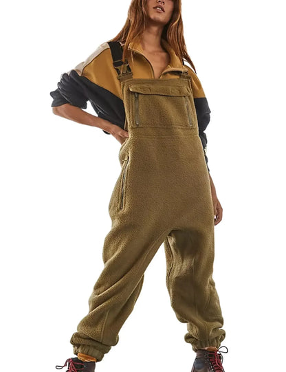 TAMBREET Women Fleece Warm Overalls Loose Casual Jumpsuits One-Piece Bibs Adjustable Suspender Straps Winter Fuzzy Soft Comfy Ski Pants