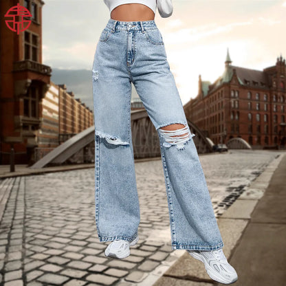 TAMBREET Women Jeans Denim Trousers Women's Casual Fashion Holes Denim Trousers Pants Ripped Full Length