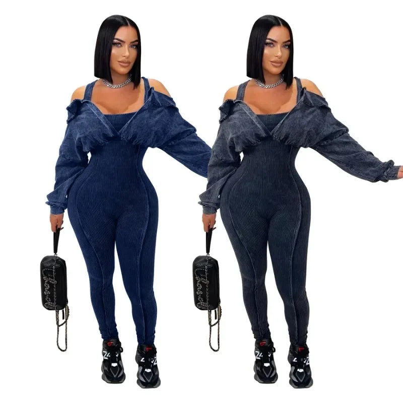 TAMBREET Women Knit Ribbed Skinny Jumpsuits Off Shoulder Full Sleeve Fake 2 Piece Empire Stretch Slim One Piece Overals Casual Rompers