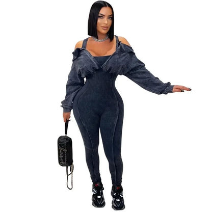 TAMBREET Women Knit Ribbed Skinny Jumpsuits Off Shoulder Full Sleeve Fake 2 Piece Empire Stretch Slim One Piece Overals Casual Rompers