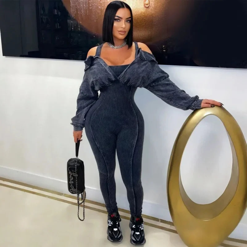 TAMBREET Women Knit Ribbed Skinny Jumpsuits Off Shoulder Full Sleeve Fake 2 Piece Empire Stretch Slim One Piece Overals Casual Rompers