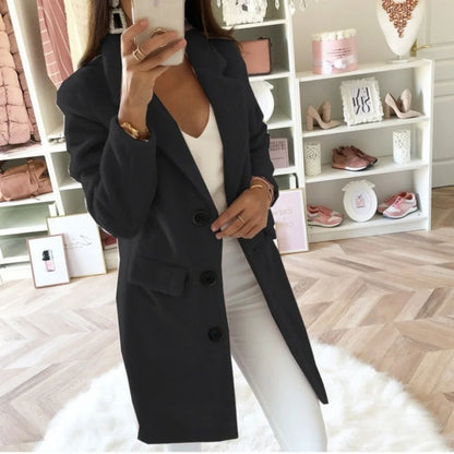 TAMBREET Women Long Jacket Autumn Winter Long Sleeve Lady Blazer Solid Color Cardigan Lapel Trench Coat