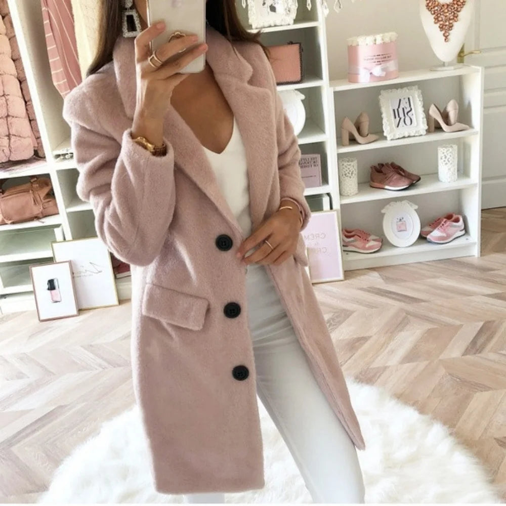 TAMBREET Women Long Jacket Autumn Winter Long Sleeve Lady Blazer Solid Color Cardigan Lapel Trench Coat