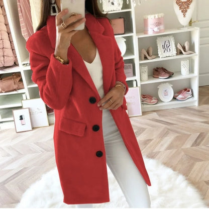 TAMBREET Women Long Jacket Autumn Winter Long Sleeve Lady Blazer Solid Color Cardigan Lapel Trench Coat