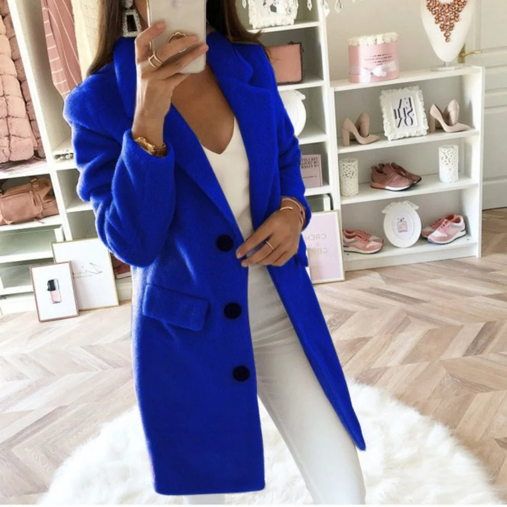 TAMBREET Women Long Jacket Autumn Winter Long Sleeve Lady Blazer Solid Color Cardigan Lapel Trench Coat