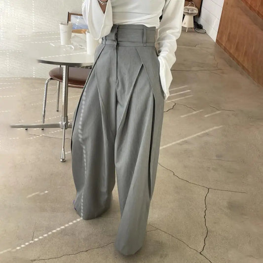 TAMBREET Women Long Pants Wide Leg Pant Solid Casual Regular Loose Simple Elegant Splice Tight High Waist Capris Autumn Trousers